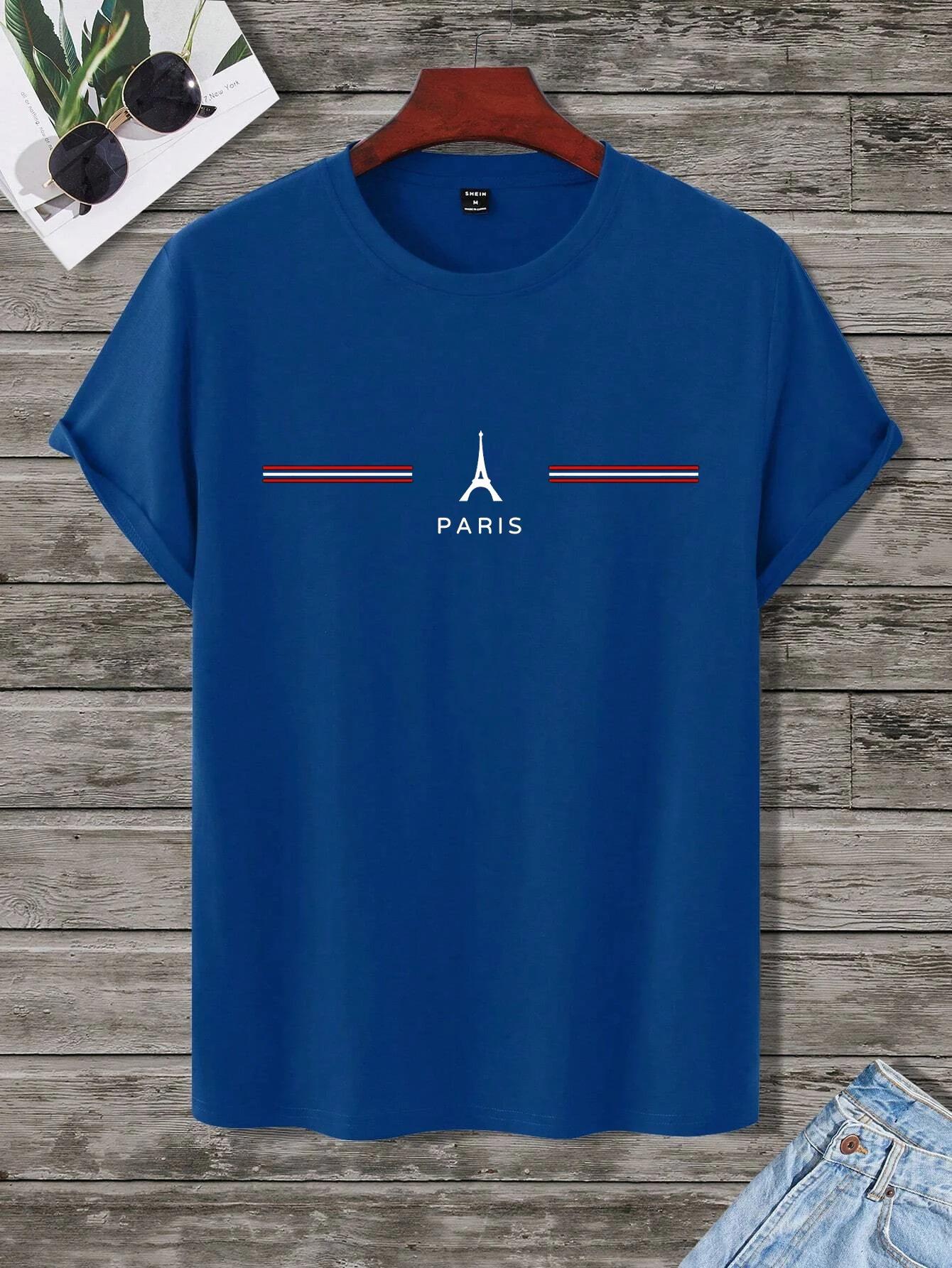 

Summer 100% cotton men s loose size comfortable Paris letter print slim casual sports round neck short sleeve T-shirt top S