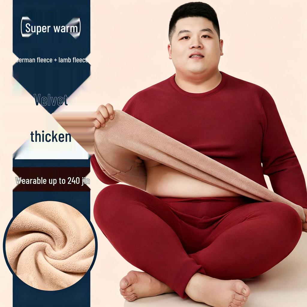 Men's Plus Size Extra Warm Fleece-Lined Underwear Set for Autumn and Winter