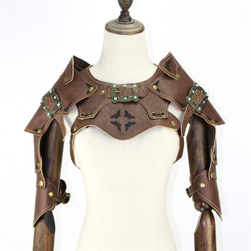 Medieval Faux PU Leathers Costume Armour Halloween Cosplay Warrior Armors Shoulder Armour, Double Shoulder Guard Harness