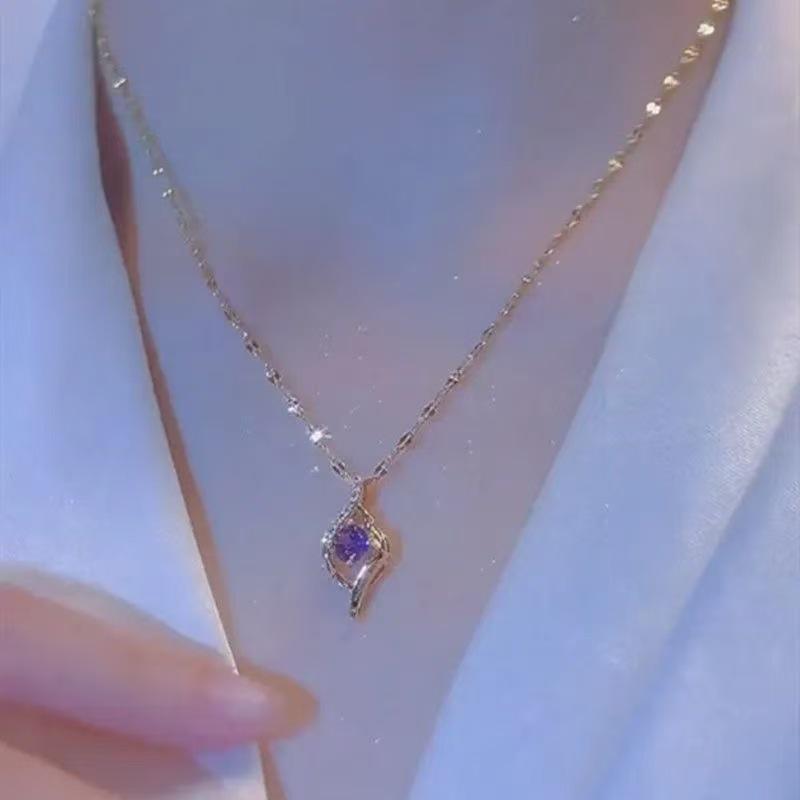 Ocean Heart Purple Diamond Gold Necklace Set - Elegant Micro-Inlaid Luxury Design for Women