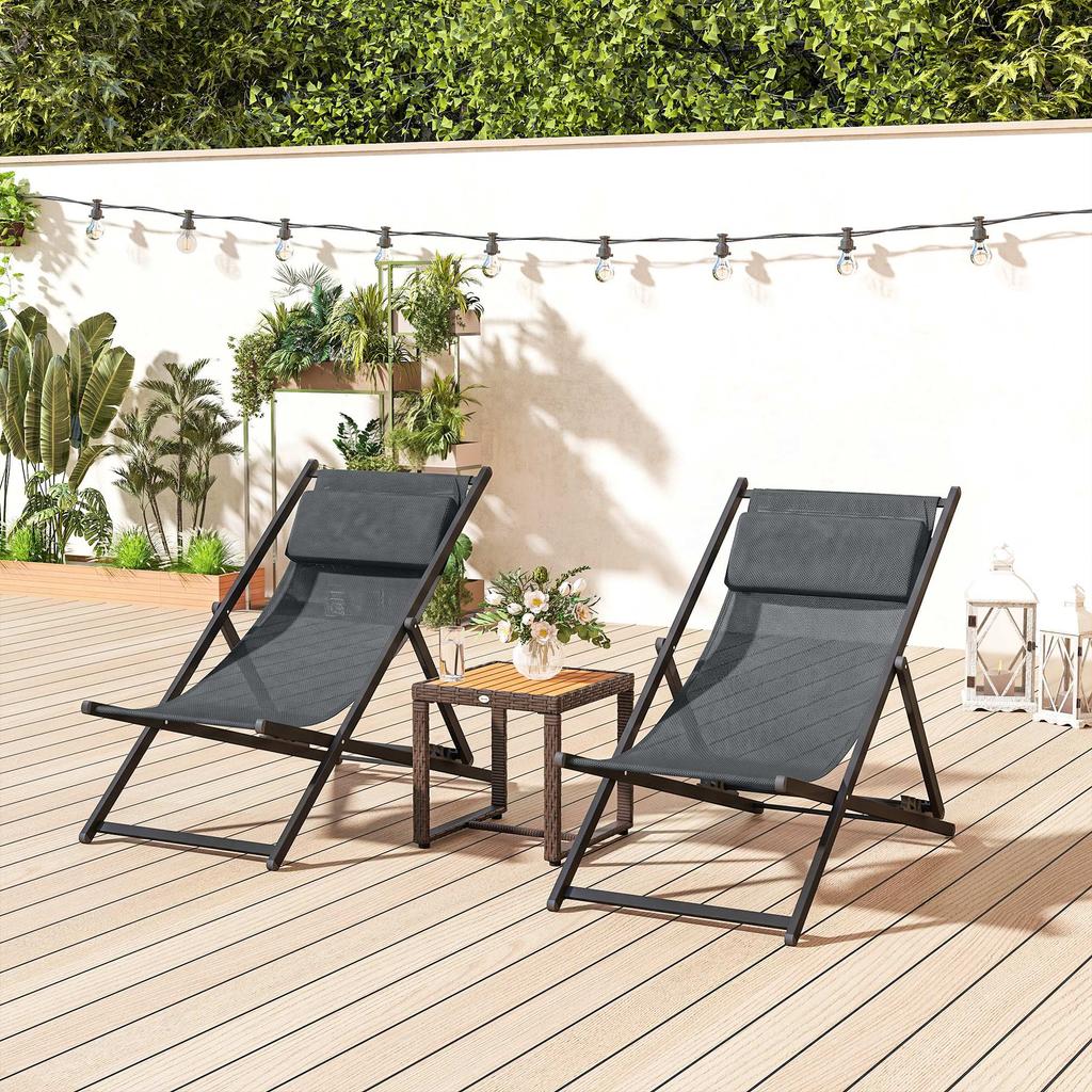 Sun Loungers, Set of 2, Folding Aluminum, 5-Position Backrest, Headrest, 60 X 100 X 85 Cm, Grey