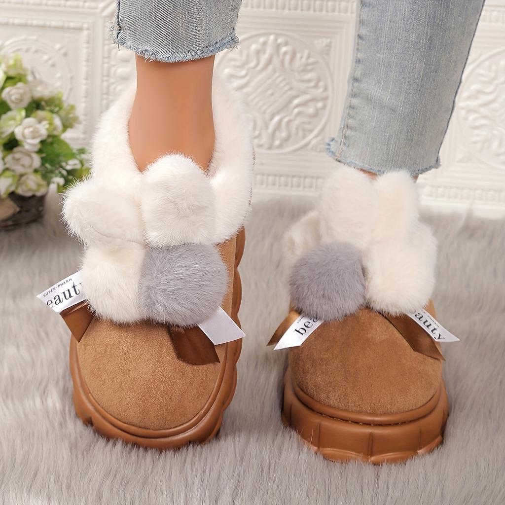 Thick Bottom Bow Rabbit Plush Cotton Shoes Household Women Home Simple Warm Snow Boots Anti-slip
