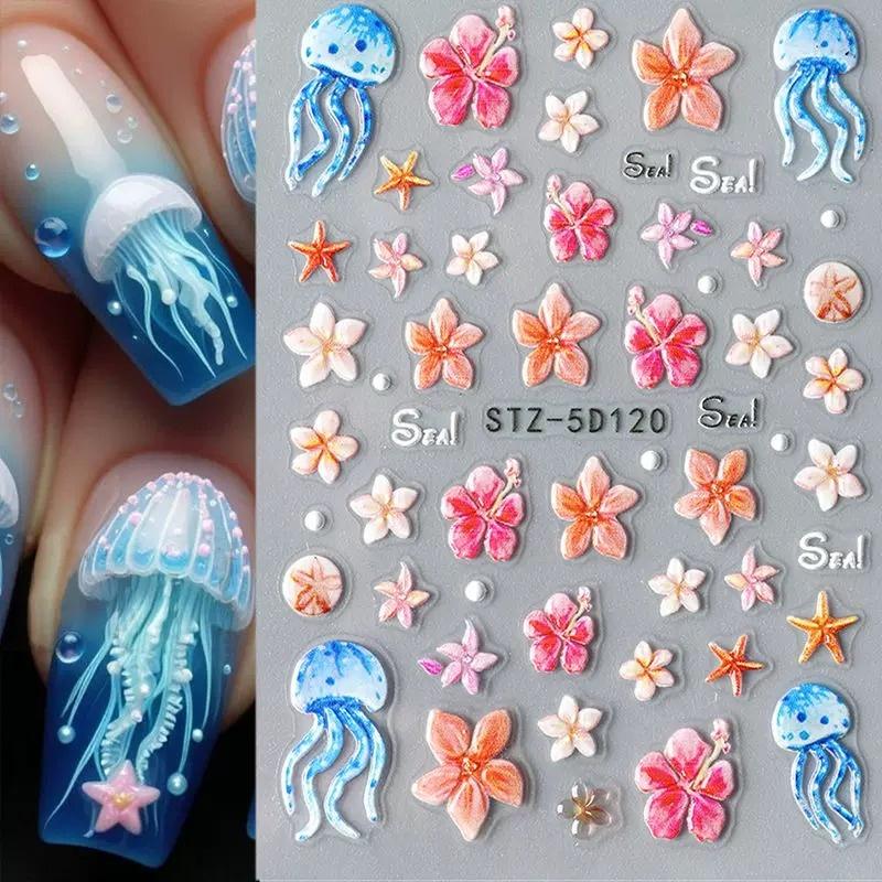 3D Summer Ocean Nail Stickers Beach Themed Begonia Flower Shell Starfish Jellyfish Plumeria Nail Art Decorations For Women Girls