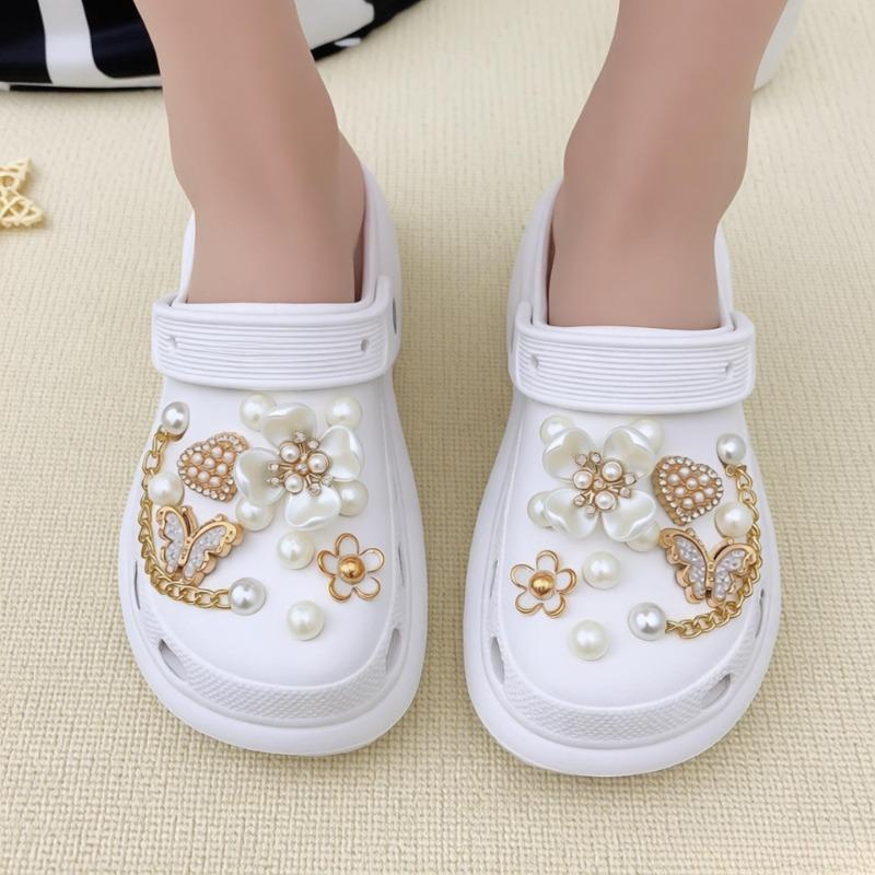 24PCS Summer Fashion Shoe Charms Set Accessories for Clogs Shoe Buckle Butterfly Pearl Flower Chain DIY Shoes Decorations