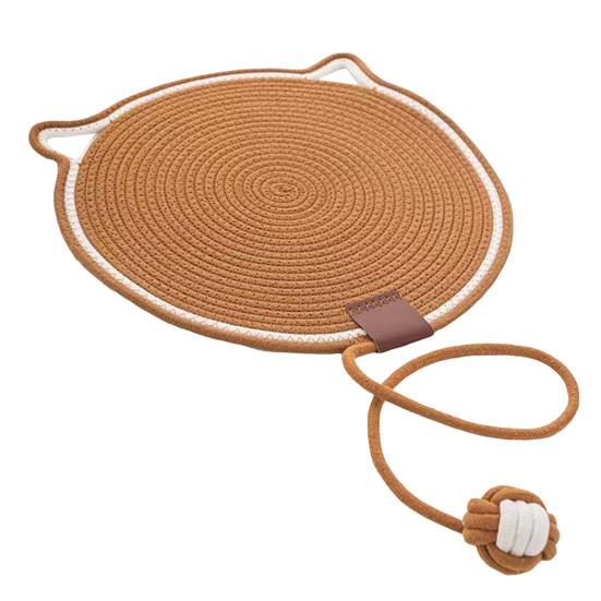 Katzenkratzmatte aus natürlichem Baumwollseil, Kratzmatte mit Katzenohr-Design und Ball