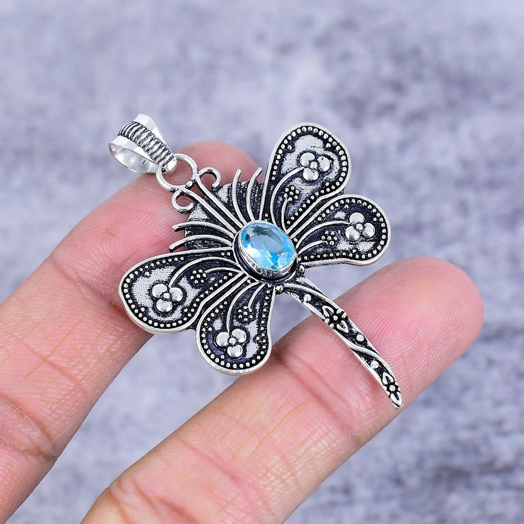 Swiss Blue Topaz Gemstone 925 Sterling Silver Jewelry Pendant 2.17" M-2688