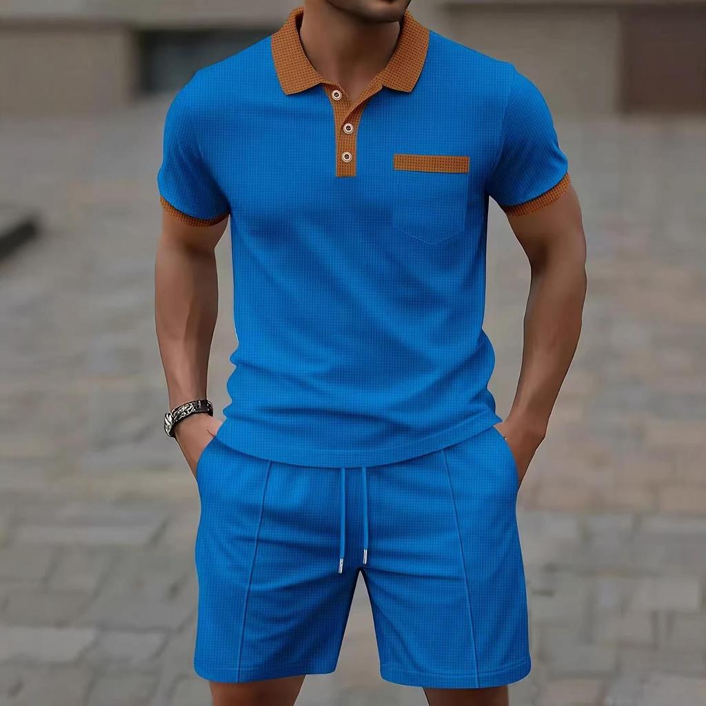 Summer Men's Waffle Knit Color Block Casual Set with Lapel and Shorts