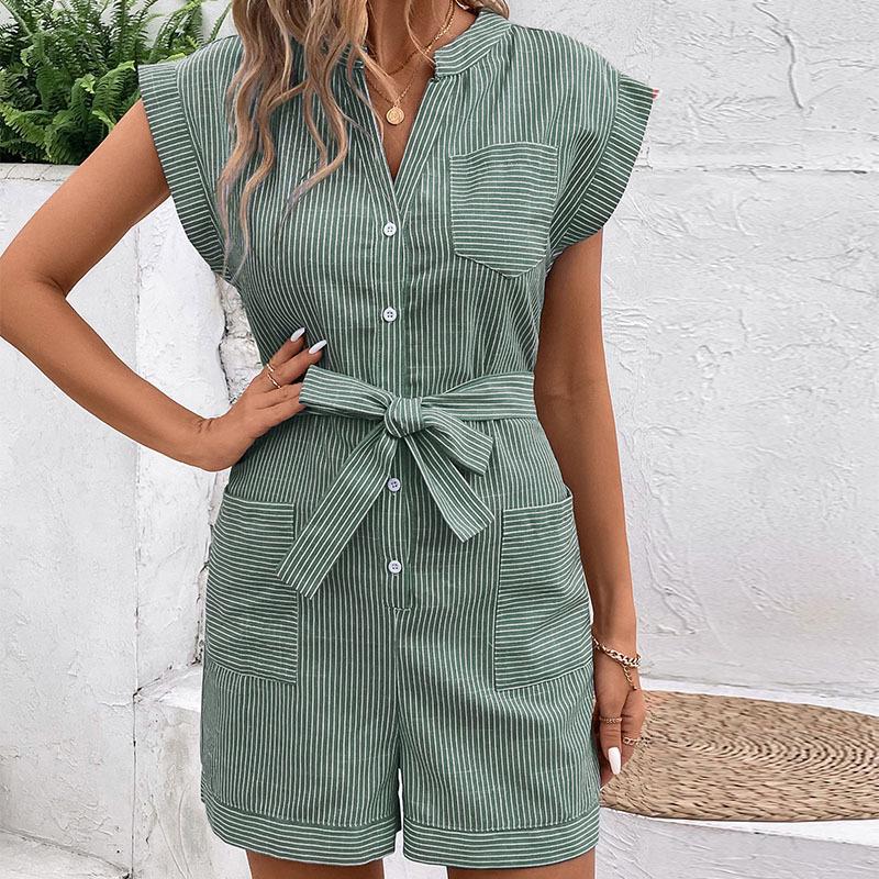 Summer Casual Striped Jumpsuit - Women's Short Sleeve Jumpsuit with Shorts, European & American Style for Trendy Commutes