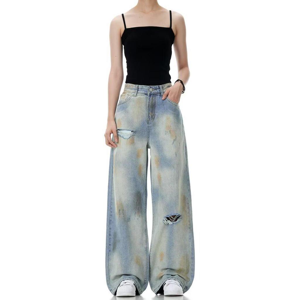 Unisex Retro Tie-Dye Washed Denim Jeans - Loose Micro Flare Wide Leg Pants