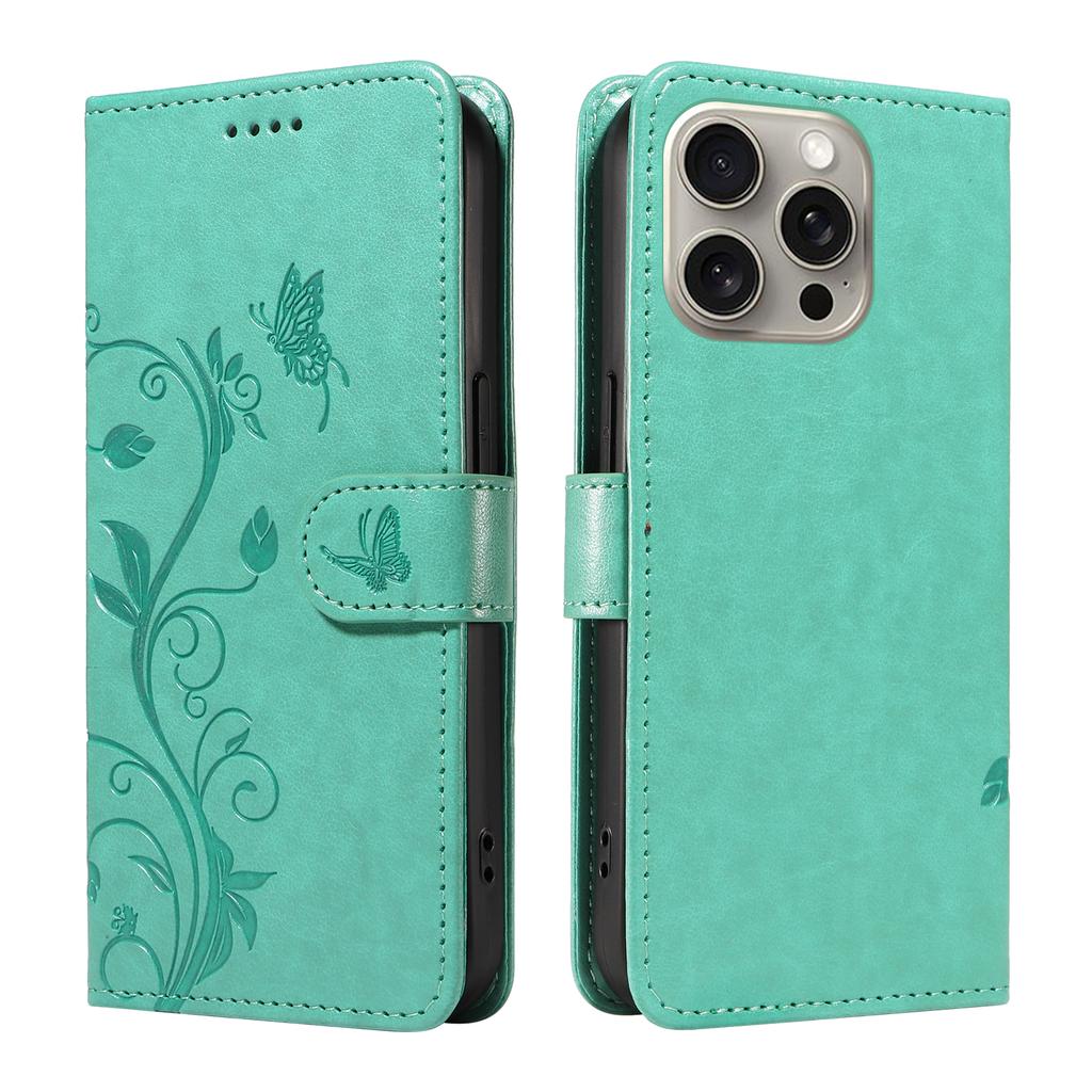 For iPhone 15 Pro Max PU Leather Cases Flower Pattern Wallet Stand Phone Cover with Strap