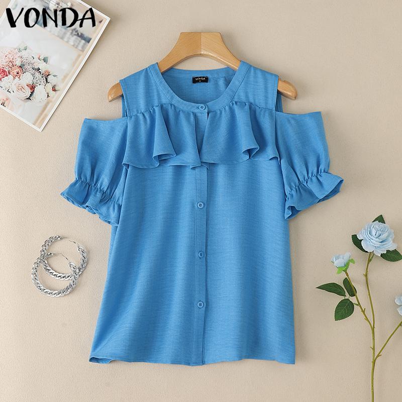 

VONDA Summer Women Cold Shoulder Puff Sleeve Ruffled Buttons Up Casual Blouse M синий