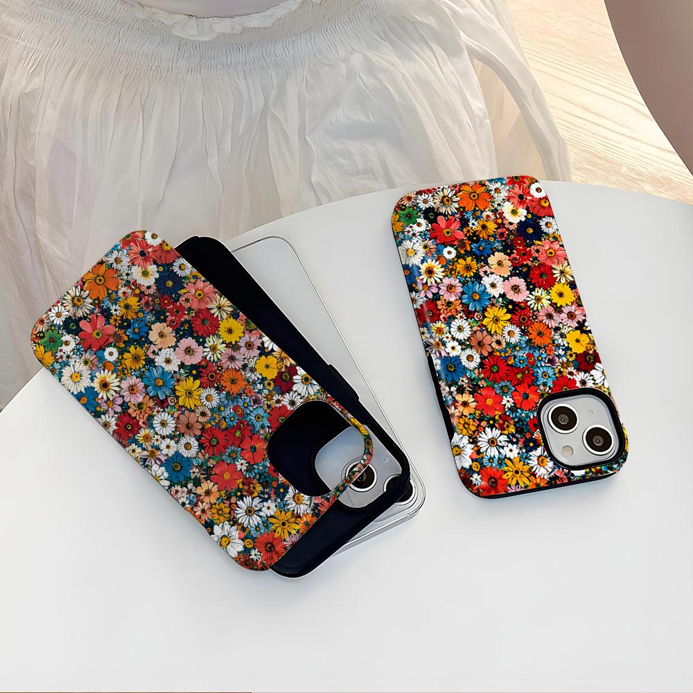 Retro oil painting flower mobile phone case iPhone16 anti-drop two-in-one film Apple mobile phone case 17promax