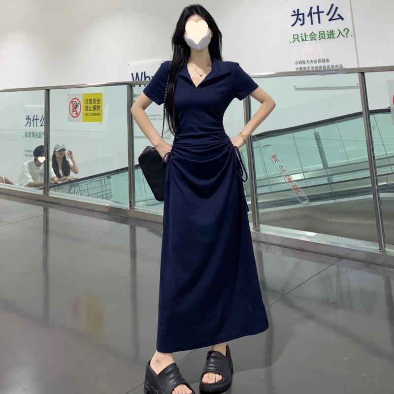 

Large size drawstring waist and thin half-open neck dress women s clothing summer slim temperament short-sleeved A-shaped long dress m【 45-52kg 】