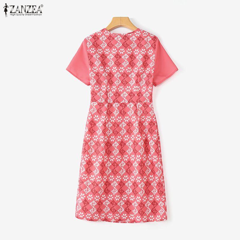 ZANZEA Women Casual Round Neck Short Sleeve Print Patchwork Dress