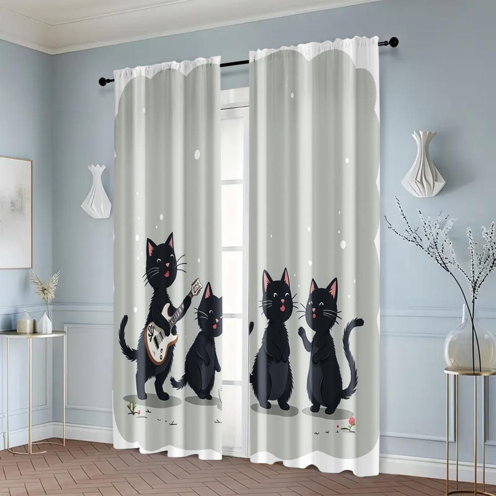 2pcs, Light Filtering Curtains Black Cat & Jungle Flowers Versatile Fabric (without Rod) Decorations Outdoor Ldeal for Room,