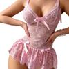 Sexy Sheer Lace Patchwork Pink Pure Desire Mesh Strap Lingerie Set for Women