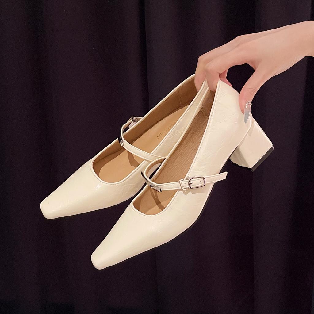 Mary Jane high heels women's spring 2025 new thick heel French with skirt temperament single shoes pointed light mouth shoes