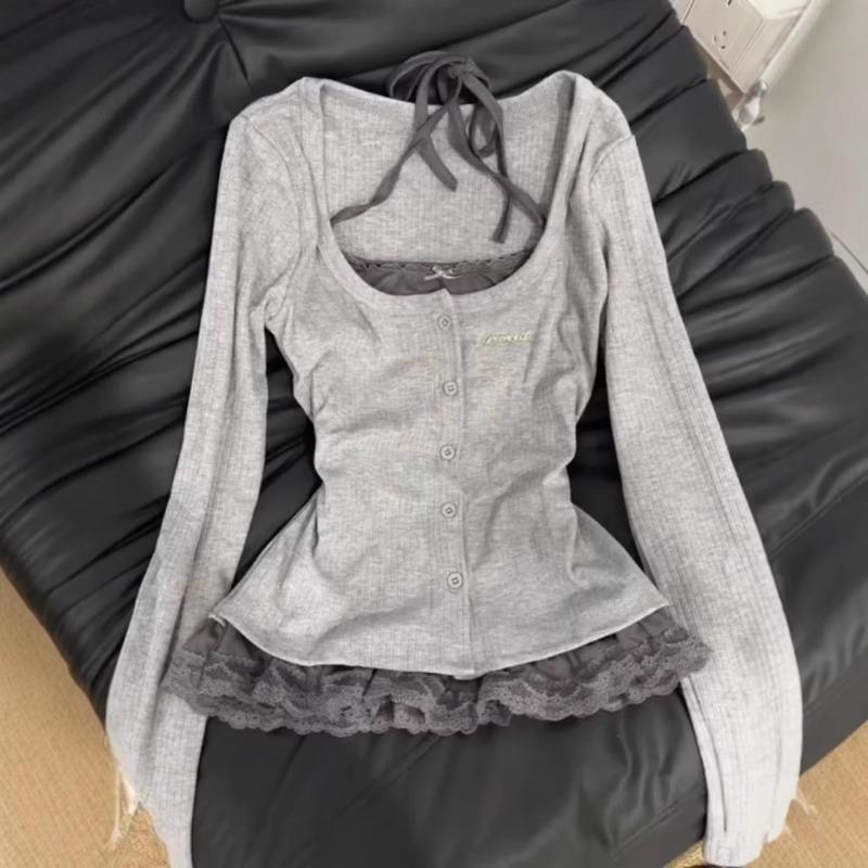 Fake Two-piece T-shirt Women's Spring Slim-fitting Design Lace Splicing Long-sleeved Top