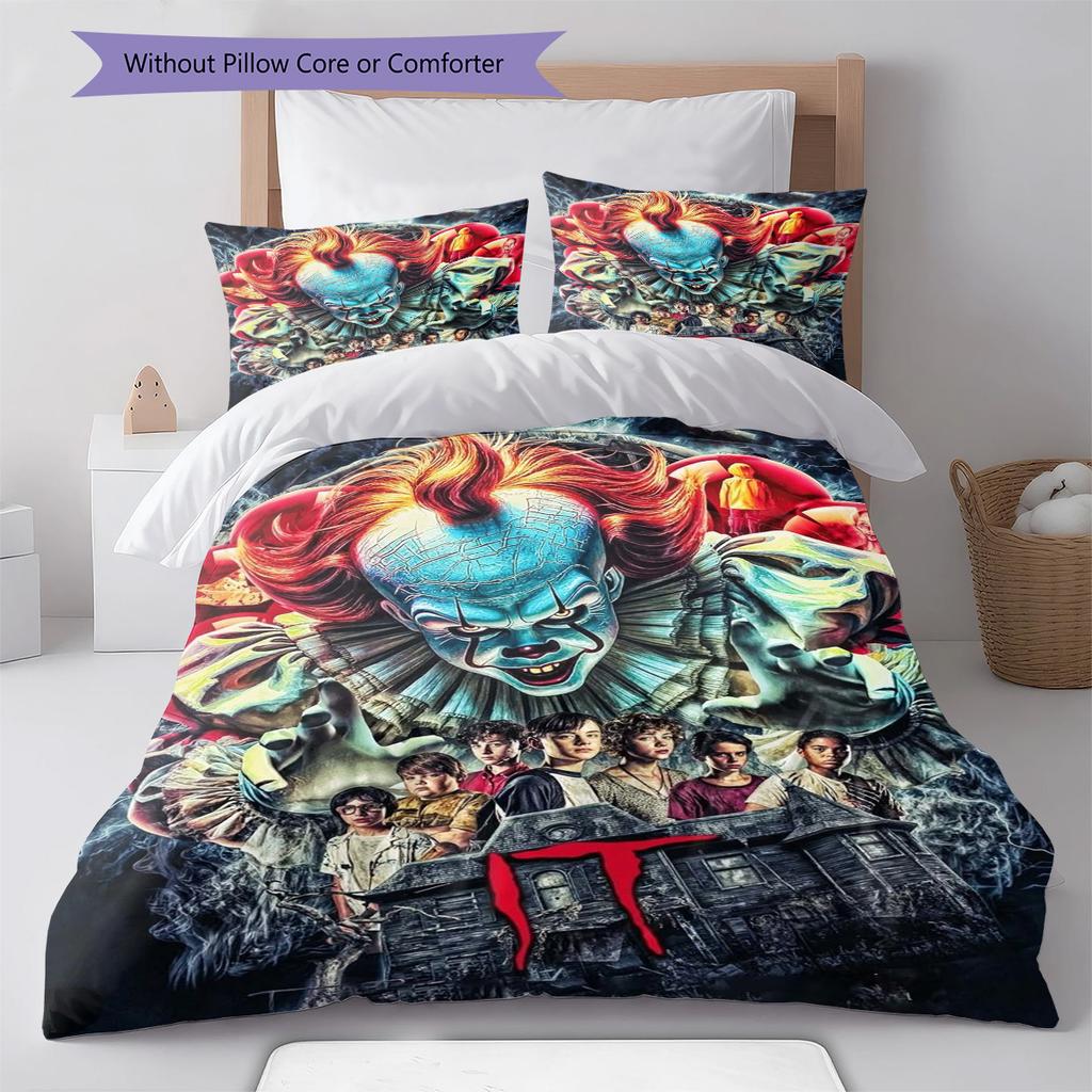 It Clown Horror Pattern Bedding Set Quilt Cover Pillowcase Home Decor Gift (1 * Duvet Cover + 2 * Pillowcase, Without Core)