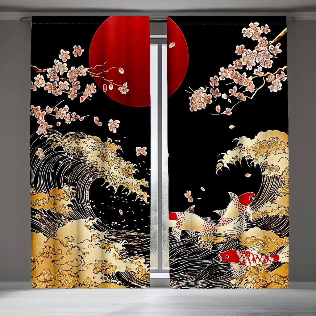 Classic Japanese Koi Pattern Curtains Polyester Fabric Suitable Bedroom Living Room Decoration Set Of 2 Made Decor
