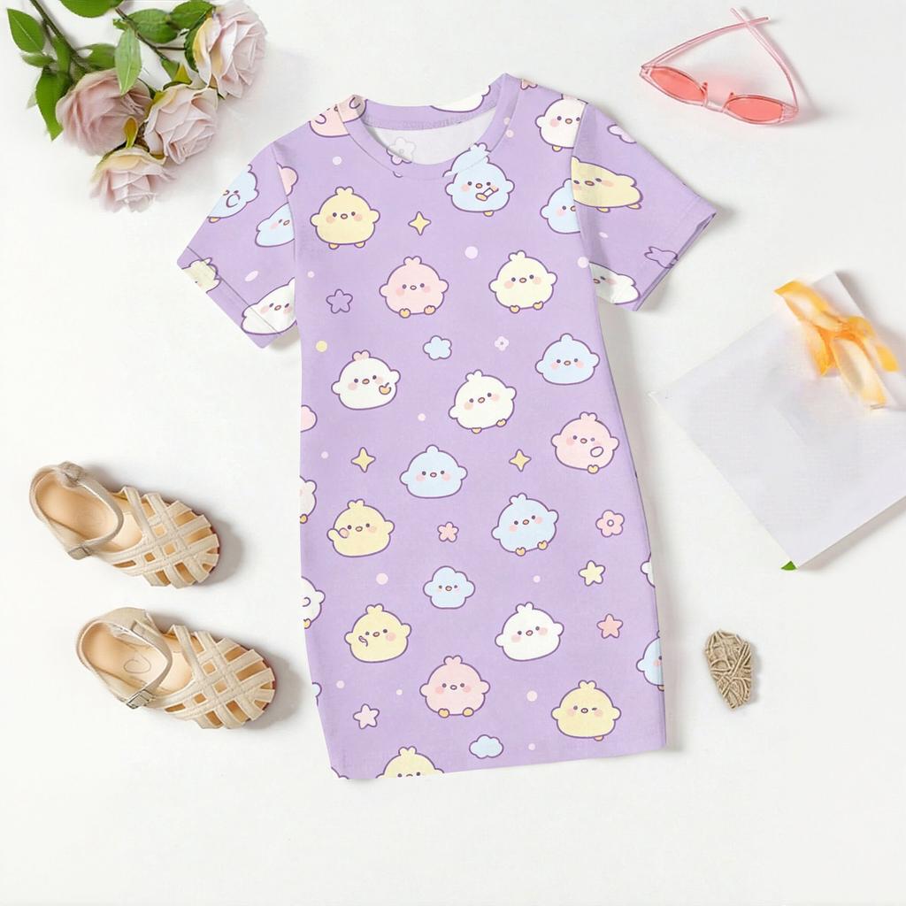 Girls Loose Fit Short Sleeve Dress Kids Casual Round Neck Lightweight Summer Dress with Animal Pattern Printed Design