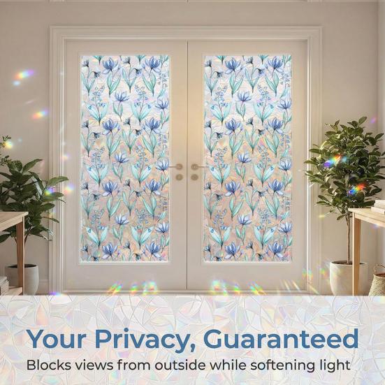 Window Privacy Film Wildflower Decorative Static Cling Vintage Floral Butterfly Window Stickers Non-adhesive Easy Care Decals for Home Kitchen Living