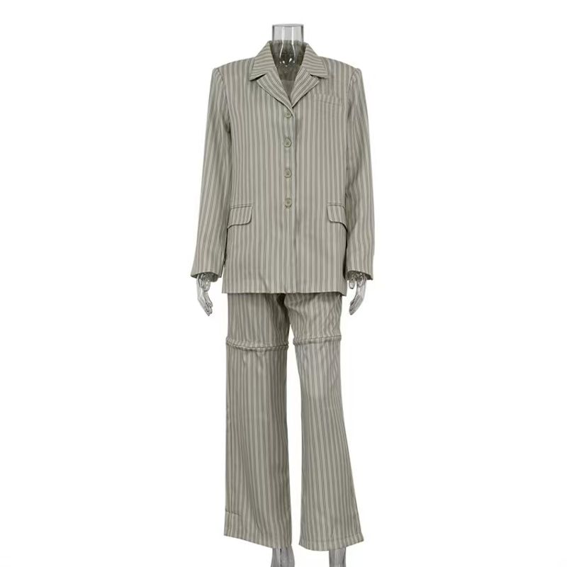 

European and American Fashion Loose Stripe Blazers Trousers Two-piece Set Striped Suit and Pants Set Khaki M
