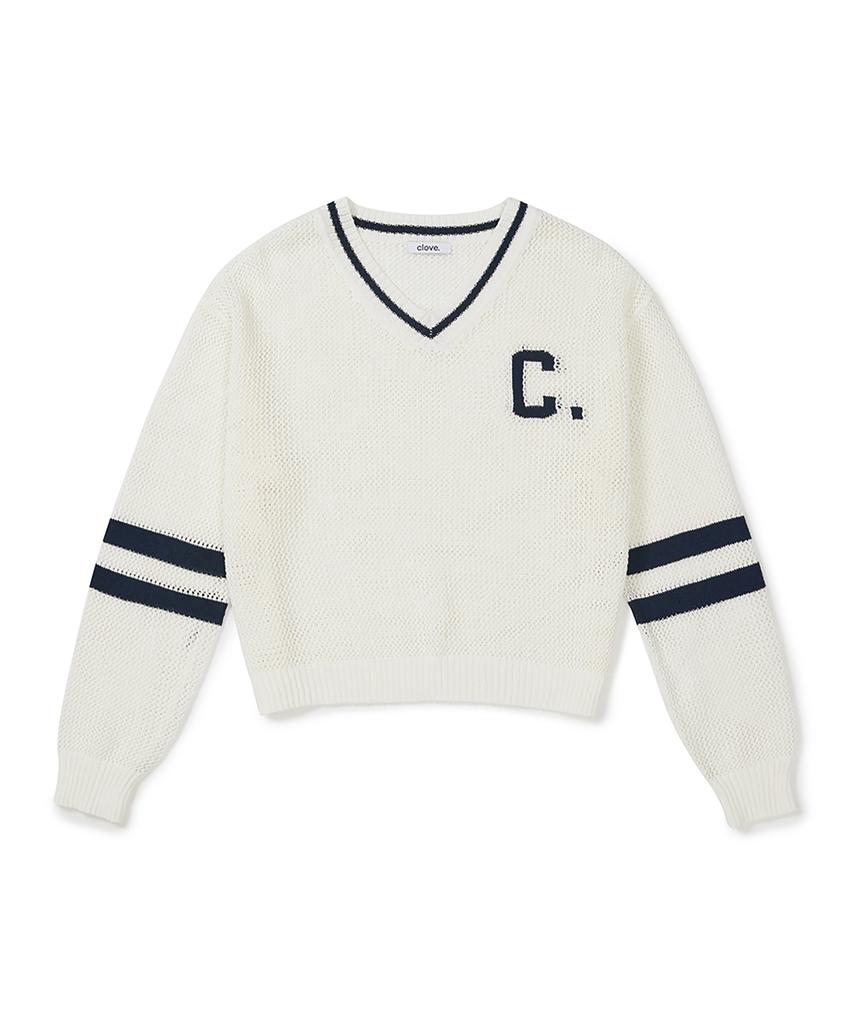 CLOVE [26Ss Clove] Net Weave V-Neck Knit (Ivory)