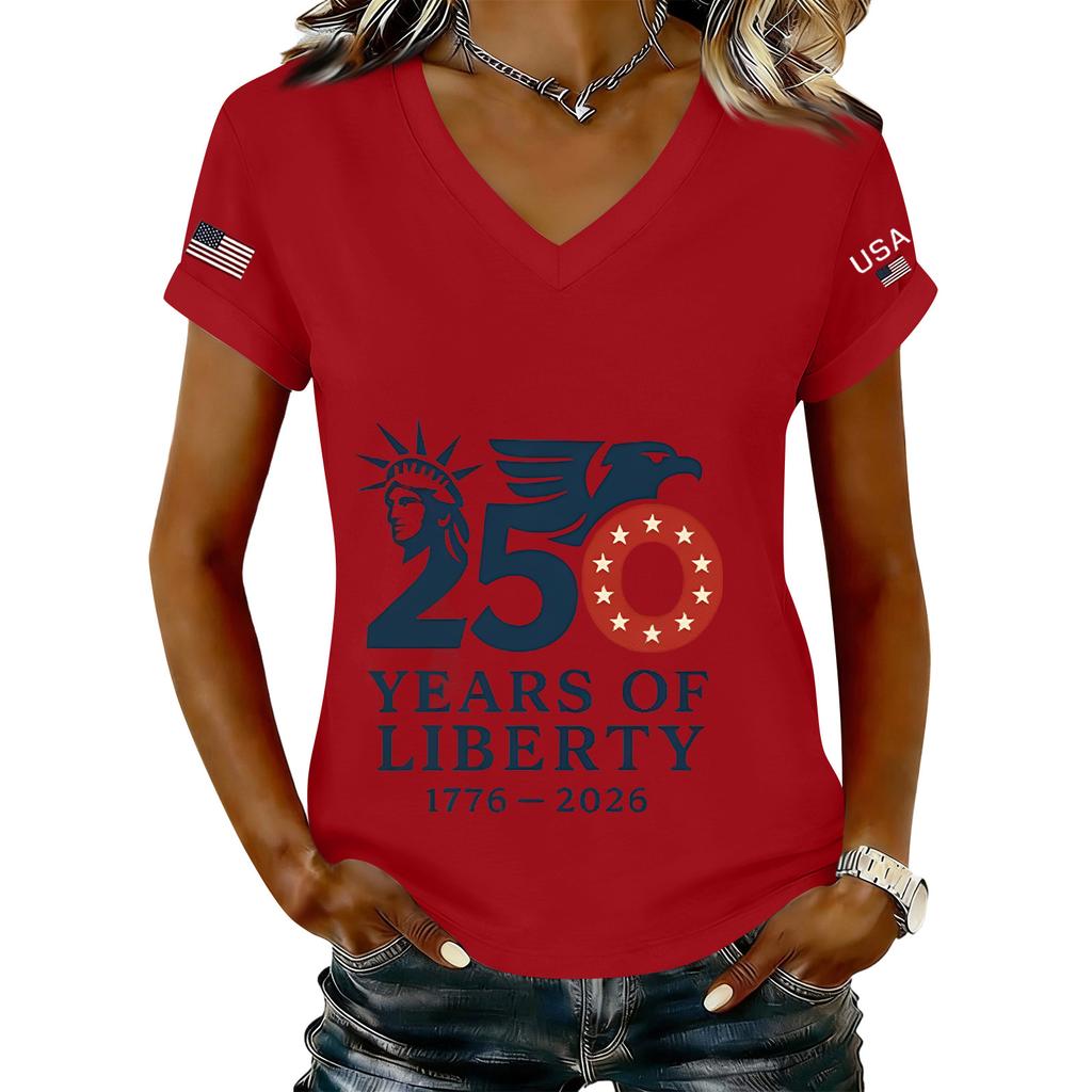Women’s Fashion V Neck Short Sleeve Tee Casual Letter Print Top 250 Years of 1776 2026 Anniversary Shirt