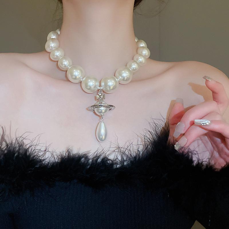 Saturn Pendant Necklace With Faux Pearl Chain For Elegant Women