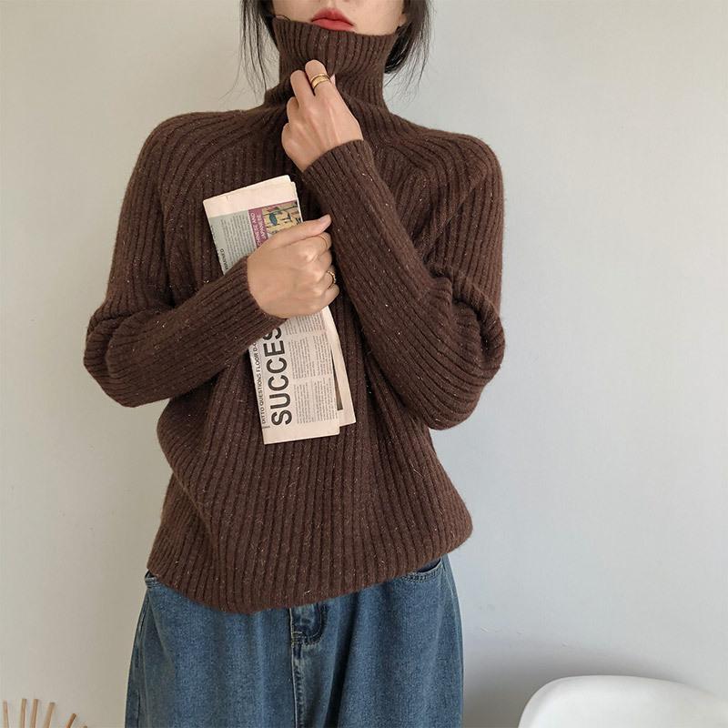 Lazy wind turtleneck pit strip thin sweater women's simple design solid color slim bottom knitted sweater autumn and winter top