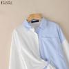 ZANZEA Women Casual Turn Down Collar Stripe Splice Loose Long Sleeve Blouse