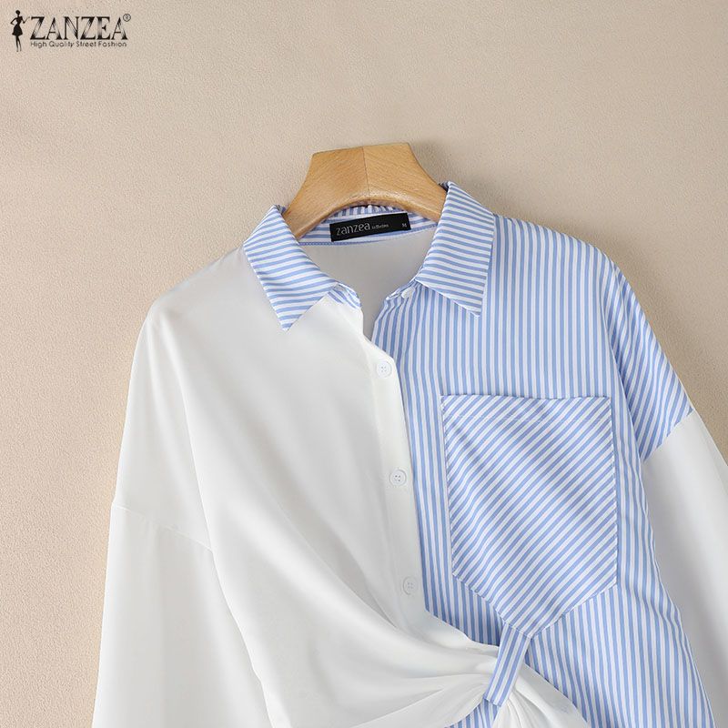 ZANZEA Women Casual Turn Down Collar Stripe Splice Loose Long Sleeve Blouse