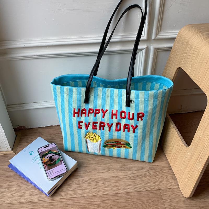 

Летний новый модный тренд большая вместимость полосатая контрастная надпись мультяшная сумка-тоут сумка на плечо сумка синий