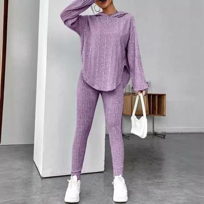 Women's Purple Hooded Knit Sweatshirt and Slim Fit Pants Set, Casual Loungewear Outfit with V-Neck Top