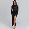 Women's new fashion lace temperament long-sleeved European and American dress pleated slim sexy split skirt women