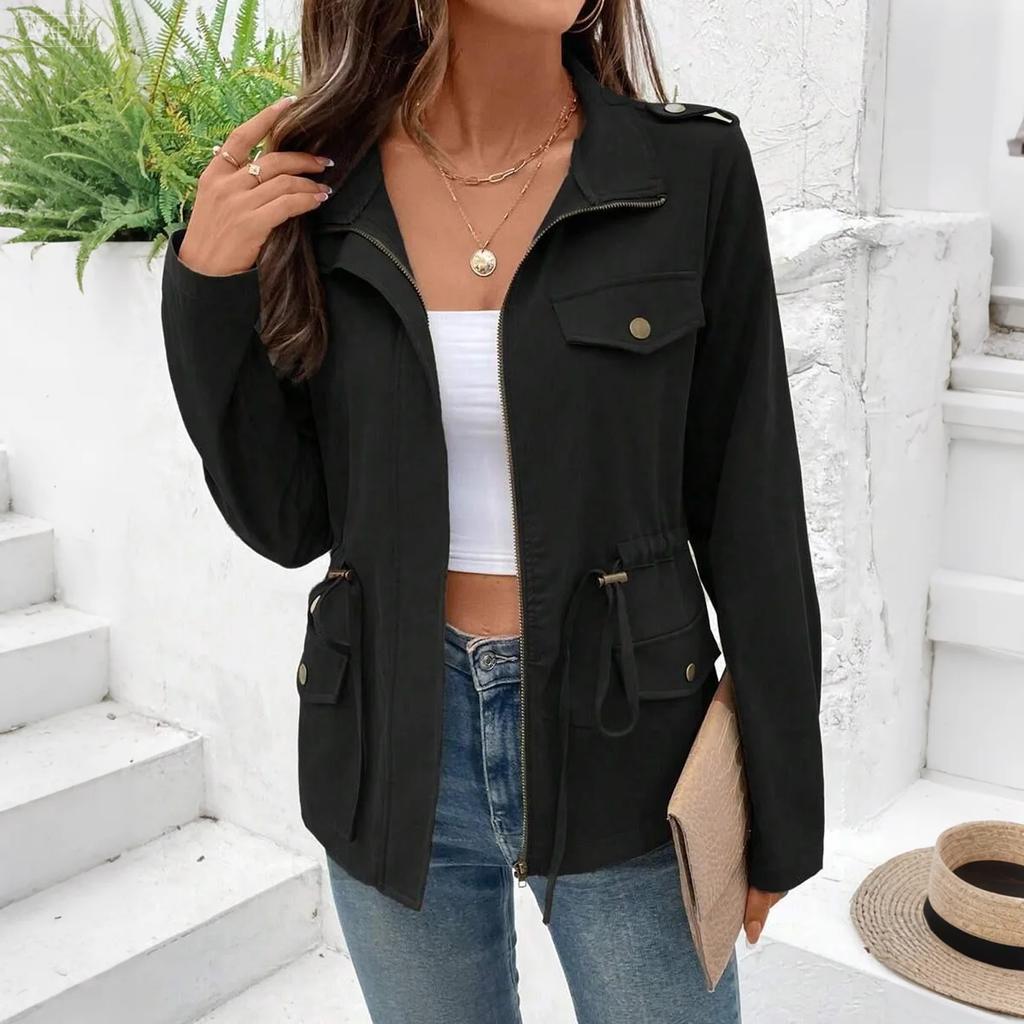 Women's Solid-Color Fashionable Casual Drawstring Waist Long-Sleeve Jacket For Fall/Winter