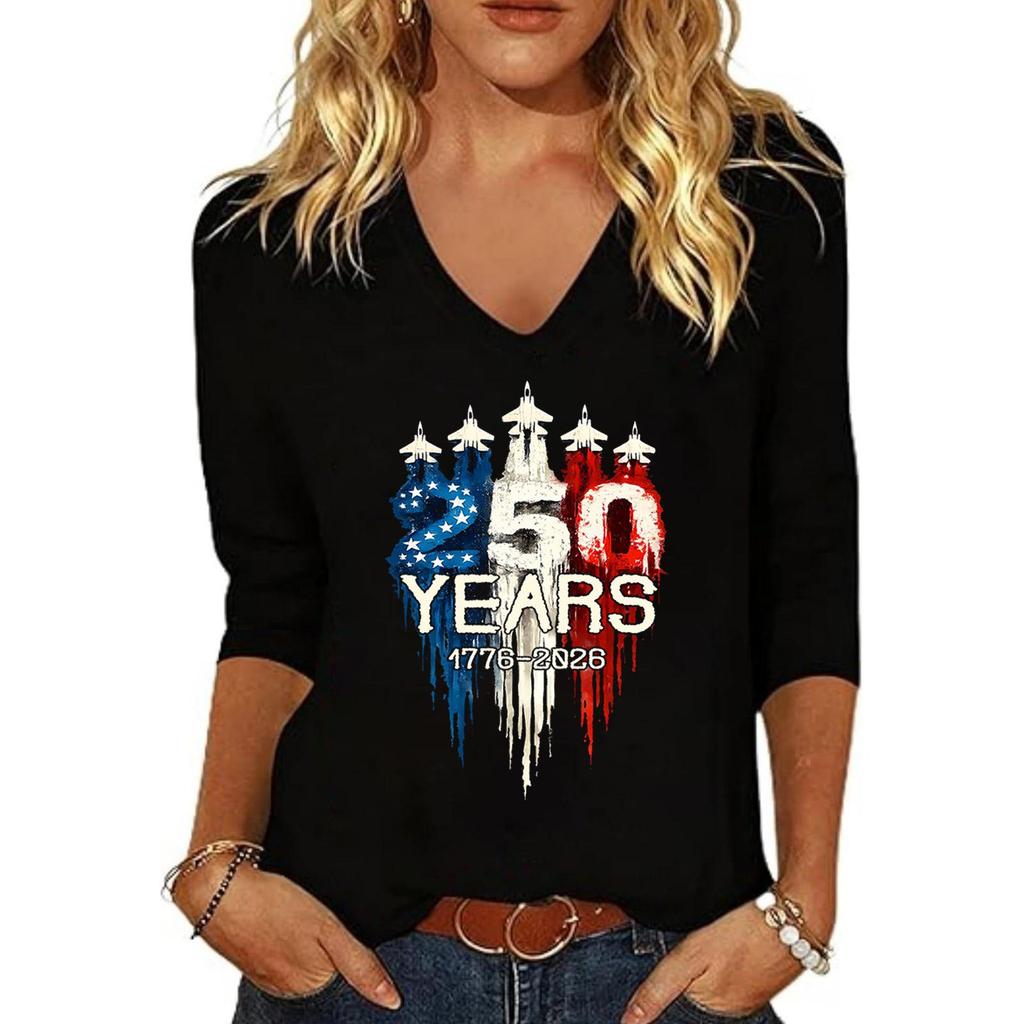 Womens Casual V Neck Top with 250 Years 1776 to 2026 Independence Day Printed Graphic Loose Fit Half Sleeve Shirt