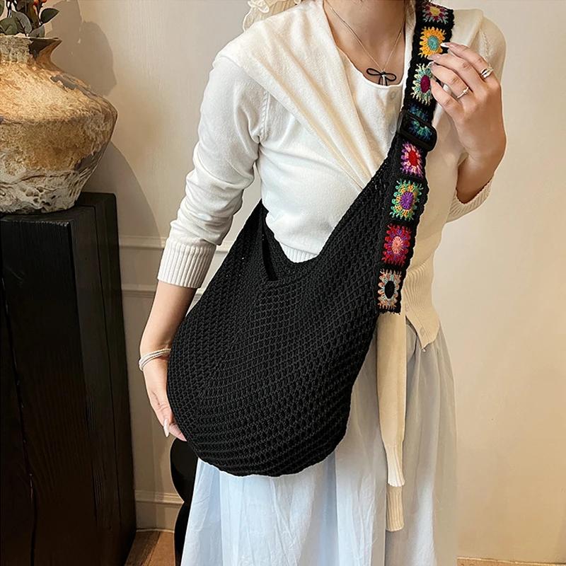 Einfarbige Häkeltasche mit großer Kapazität, leichte, durchbrochen gewebte Tasche, bestickter Träger, Damen-Handtasche, Strandtasche, Neu 2026