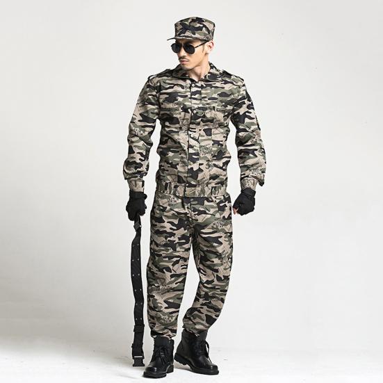 2Pcs/Set Lapel Long Sleeve Zipper Buttons Placket Cargo Coat Pants Men Multi Pockets Camouflage Print Work Training Outfit Male Clothing