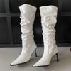 Punk Style Winter Pleated Pointed Toe Women Knee-High Long Boots Sexy Thin High Heels Stripper Female Shoes