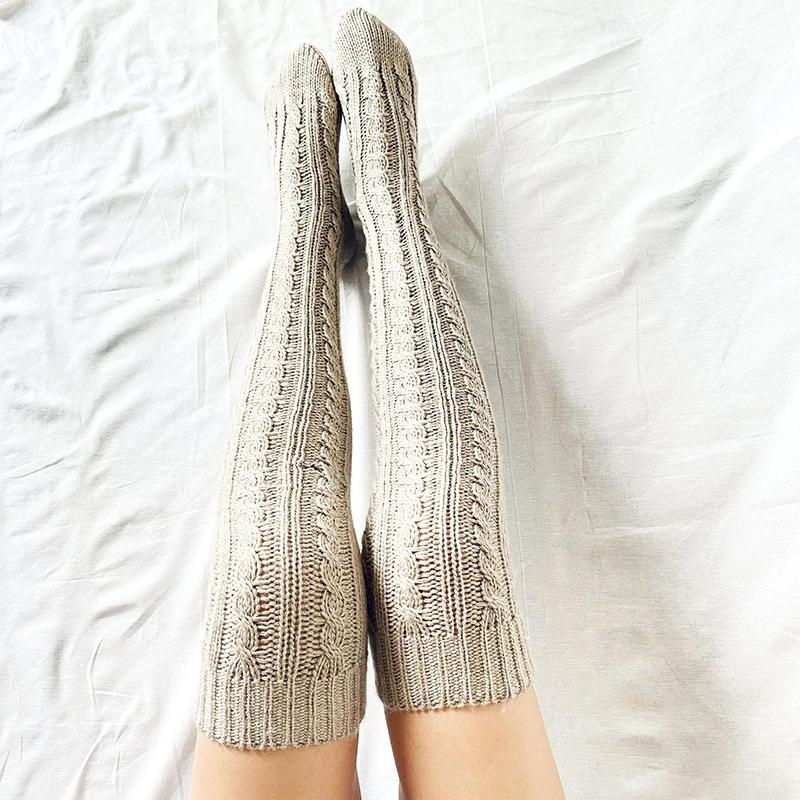 Knitted Cable Socks Over Knee Stockings Women Winter Casual Home Warm Thick Stockings Socks Girl Female Christmas Gifts