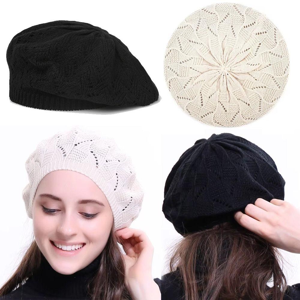 Spring/Summer/Autumn French Artist Beanie Plain Color Mesh Caps New Women Knit Beret Hat  Outdoor
