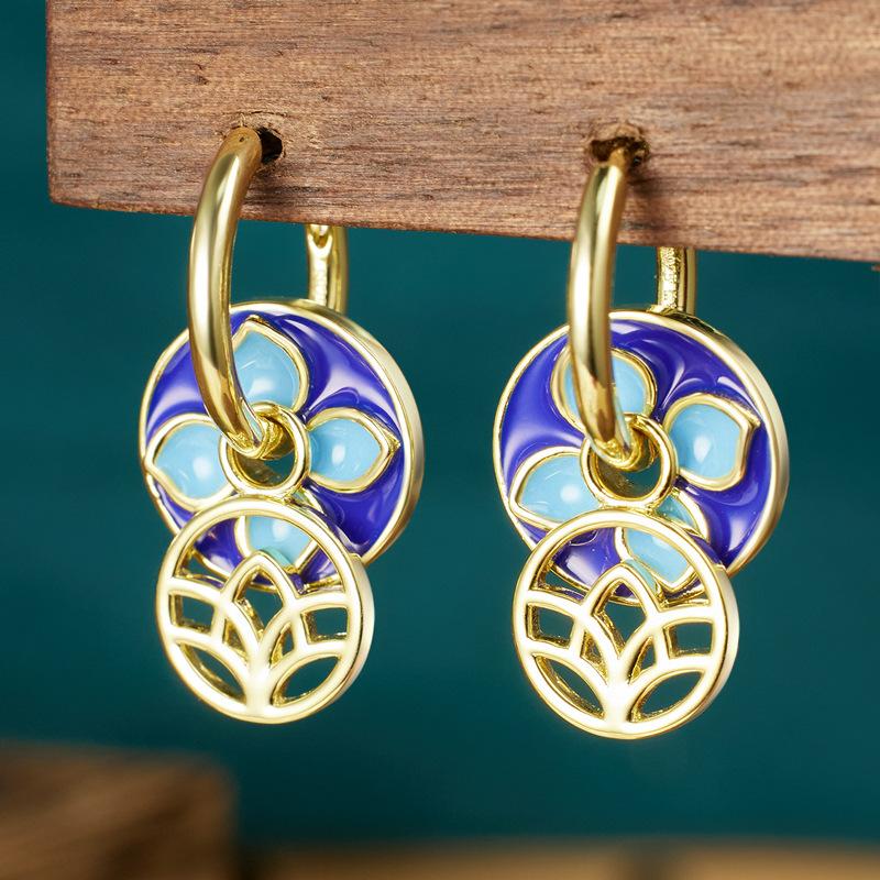 

New ethnic style retro cold enamel earrings 925 Premium earrings New Chinese earrings 925 silver