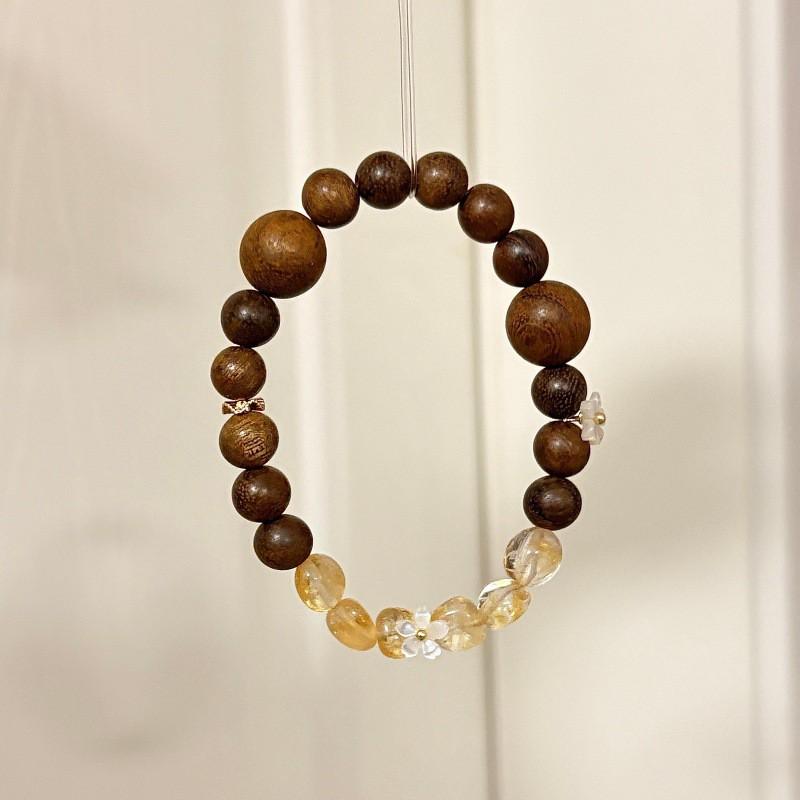 Handmade Wooden Bracelet With Amber Crystal Shell Flower Beads Zen Style Boho Charm Women New Chinese Aesthetic