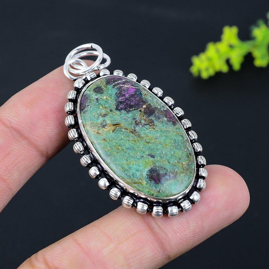 Ruby In Fuchsite  Handmade Ethnic 925 Silver Jewelry Pendant 2.44" Q6s42