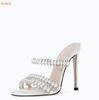 Fashion Crystal Pearl Slip On Slippers String Bead Thin Heels Modern Sandals Pointed Toe Summer Women Shoes Stiletto Heel Slides