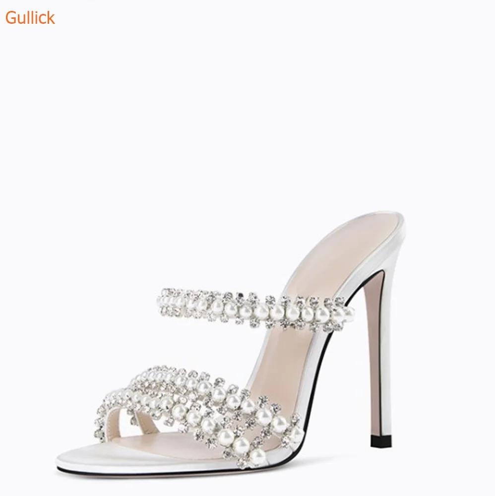 Fashion Crystal Pearl Slip On Slippers String Bead Thin Heels Modern Sandals Pointed Toe Summer Women Shoes Stiletto Heel Slides