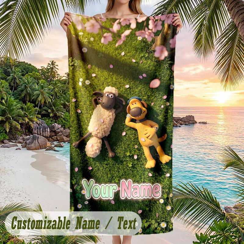 Shaun the Sheep Beach Towel, Personalized Custom Text, Quick Dry Soft Large Towel For Swimming Pool Travel