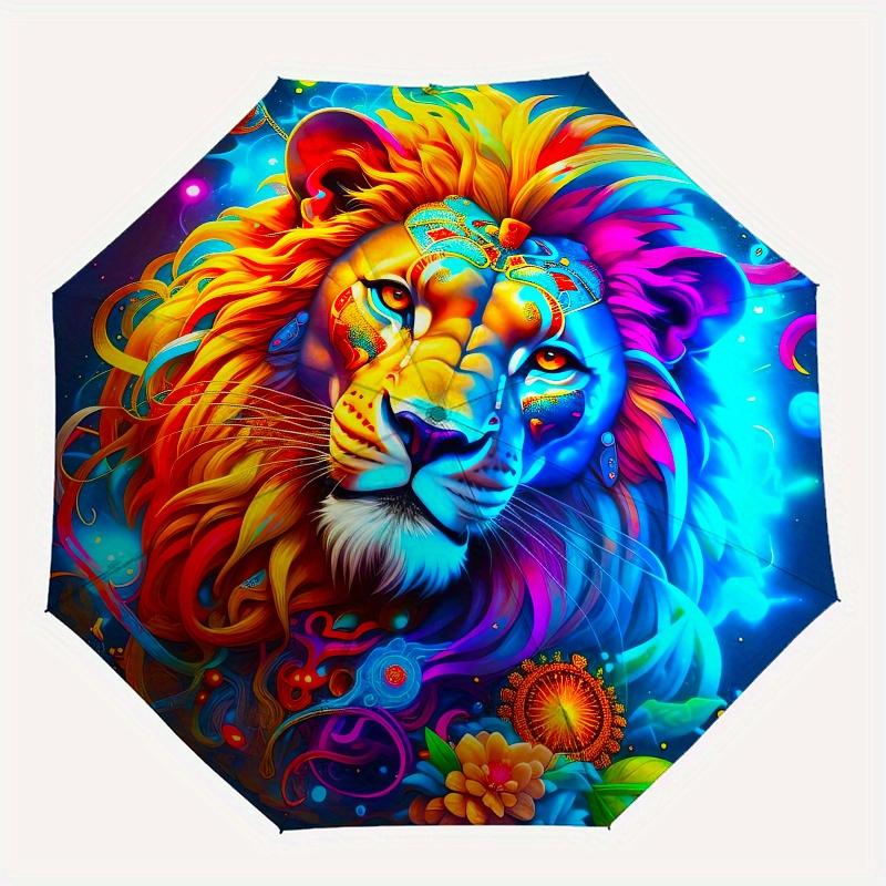 Lion, Fantasy Automatic Folding Umbrella 8 Ribs, Durable Iron Frame, Bright Color Pattern Compact Travel Umbrella, Suitable for Outdoor, Be